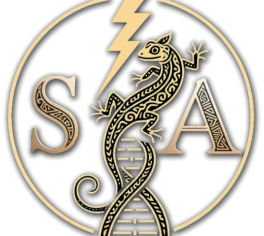 Logo du site Signature ancestrale, représentant les initiales S et A chacune d'un coté d'un pilier d'ADN sur laquelle grimpe une salamandre et surmonté d'un éclair. Le tout dans un cercle.