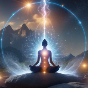 Femme méditant en position du lotus sur un rocher, face a la montagne. Une aura bleue l'entoure et reçoit l'énergie céleste par sont chakra couronne, activant tous ses autres Chakras.